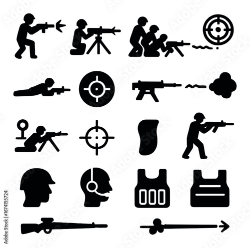 Silhouette military icons set featuring soldiers, rifles, targets, shooting, camouflage, and armor