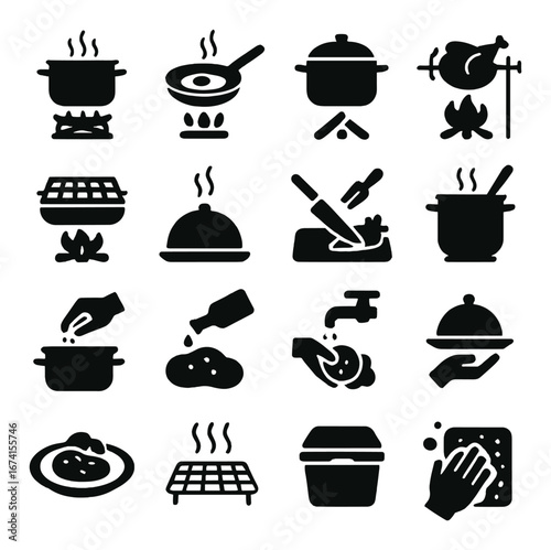 Silhouette cooking icon set: pot, pan, knife, grilling, roasting, steaming, serving, washing