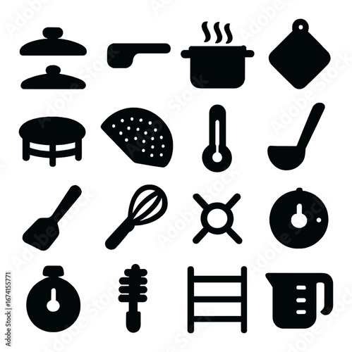 Silhouette cooking icon set featuring pot, thermometer, whisk, timer, ladle, and oven mitt symbols