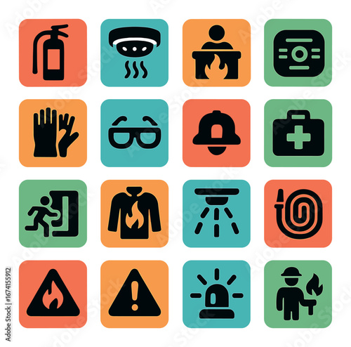 Flat safety icon set featuring fire extinguisher, alarm, exit, emergency kit, hose, and firefighter symbols