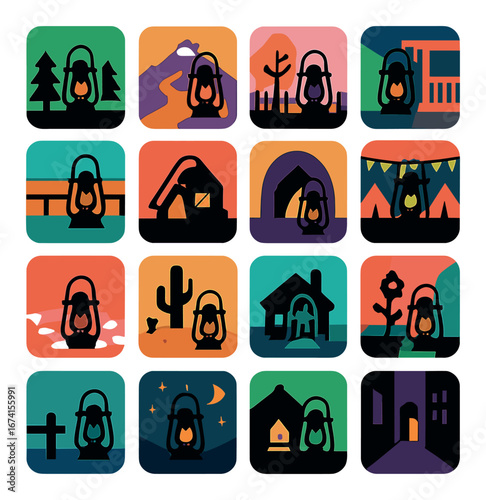 Silhouette camping icons set featuring lantern, tent, campfire, cabin, trees, mountains, desert, night sky