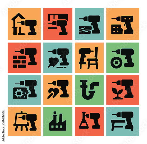 Silhouette diy drill icon set featuring construction, furniture, technology, plumbing, and gardening symbols
