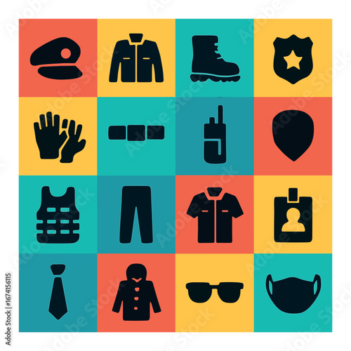 Silhouette law enforcement icon set featuring badge, handcuffs, uniform, radio, vest, and gloves symbols