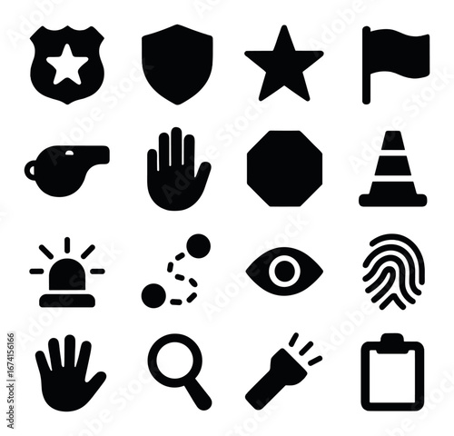 Silhouette security icon set featuring badge, shield, star, flag, whistle, hand, octagon, cone, siren, map, eye, fingerprint, magnifying glass, flashlight, clipboard