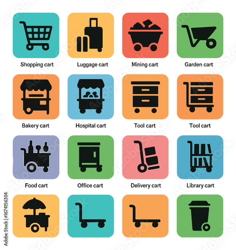 Flat cart icon set featuring shopping, luggage, mining, garden, bakery, hospital, tool, food, office, delivery, library carts