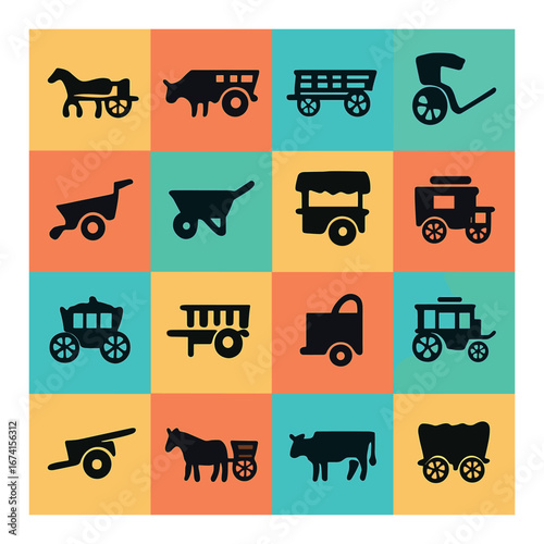 Silhouette farm icon set featuring horse, cart, plow, wagon, carriage, wheelbarrow, cow, and ox symbols