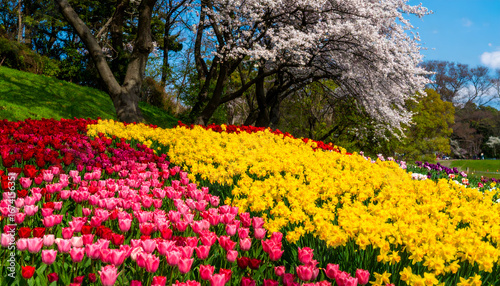 Wallpaper Mural Vibrant tulips in bloom create a colorful display on a hillside under blossoming trees on a sunny day. Torontodigital.ca