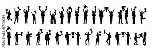 People all ages holding trophy cup winner different positions celebrating success vector black silhouette set collection. Group of athletes winning first trophy cup at competition black silhouettes.