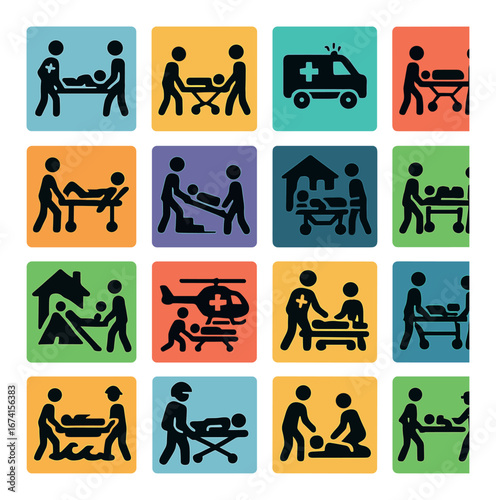 Flat emergency icon set featuring ambulance, stretcher, helicopter, rescue, trauma, cpr, and hospital symbols