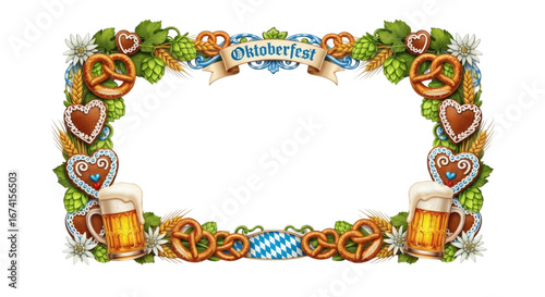 Oktoberfest themed border with pretzels, beer mugs, hops, and flowers