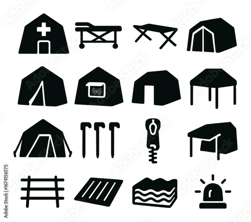 Silhouette emergency and camping icon set featuring hospital, stretcher, tent, and alarm