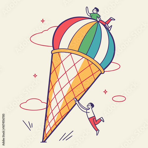 Joyful adventurers climb giant rainbow ice cream cone soaring through whimsical sky with playful clouds