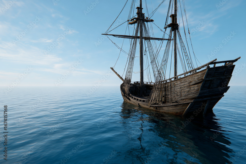 Obraz premium Historic Wooden Sailboat Drifting on Calm Blue Ocean Under Clear Sky