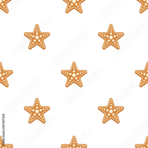 Seamless pattern of Christmas cookies in the shape of a star, festive pastries, gingerbread, festive background for packaging, stationery and web design.