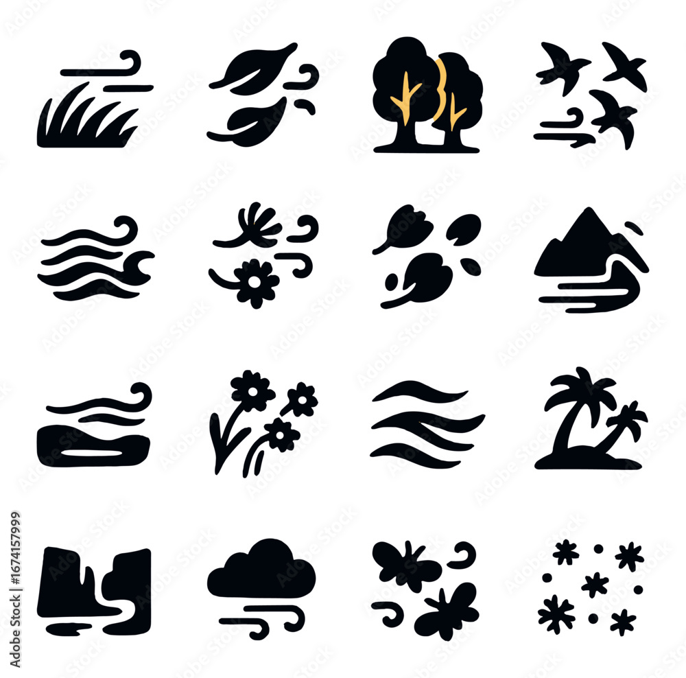 Naklejka premium Silhouette nature icon set featuring grass, trees, birds, waves, flowers, mountains, clouds, and island symbols