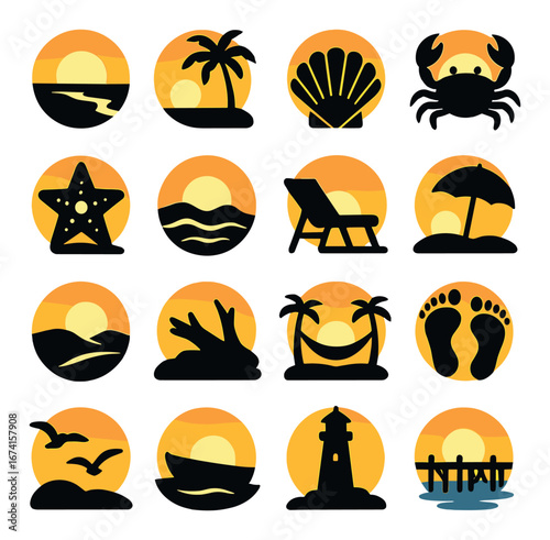 Silhouette beach icon set featuring palm tree, shell, crab, starfish, waves, chair, umbrella, lighthouse