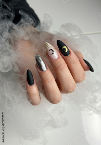 Stylish nail art featuring mix of matte black, silver, and pastel designs with moon motifs, set against smoky background