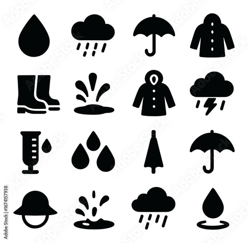 Silhouette weather icon set featuring rain, umbrella, coat, boots, thunderstorm, water droplet, and puddle symbols