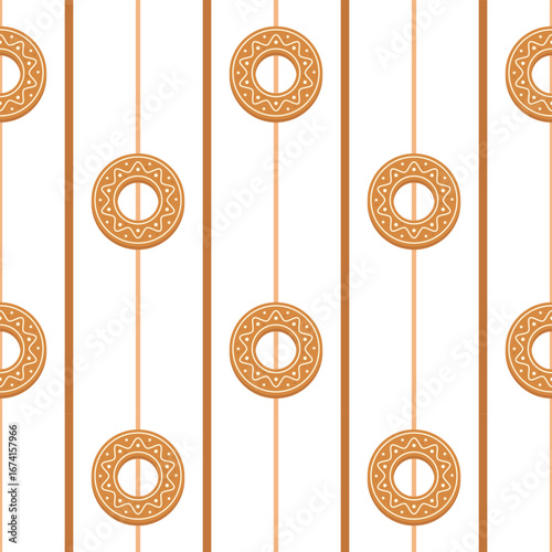 Seamless pattern of Christmas cookies, holiday pastries, gingerbread cookies in the shape of a bagel, festive background.