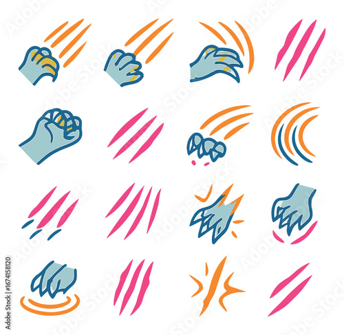 Linear animal attack icons set featuring claws, scratches, paws, fists, and strikes