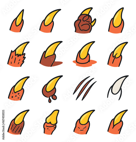 Flat monster claw icon set featuring scratches, blood, and broken claws