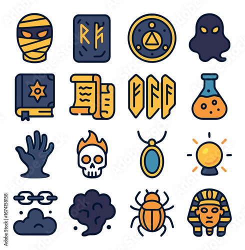 Flat halloween icon set featuring mummy, runes, shield, ghost, potion, skull, hand, and pharaoh symbols