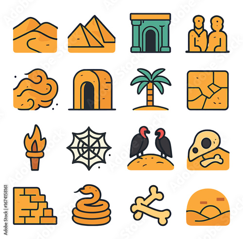 Flat ancient egyptian icon set featuring pyramids, pharaoh, hieroglyphics, ruins, and oasis symbols