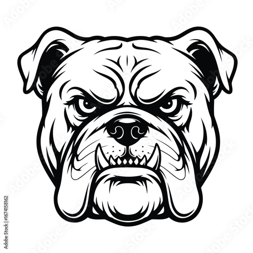 A fierce bulldog head mascot shown in a bold black and white vector illustration