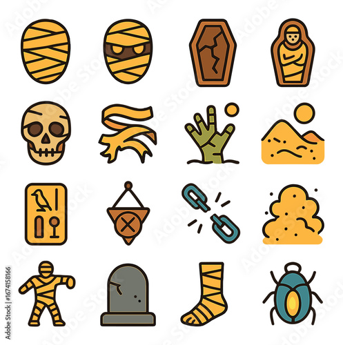 Linear halloween icons set featuring mummy, coffin, skull, witch hat, zombie hand, tombstone, and bug
