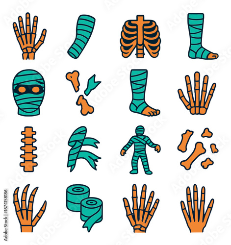 Linear halloween icons set featuring skeleton, mummy, bones, ribcage, spine, and bandage symbols