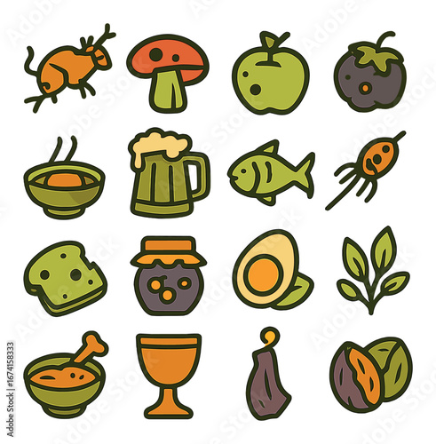 Flat nature icons set featuring deer, mushroom, apple, blueberry, fish, egg, soup, and more