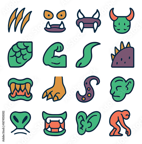 Linear mythical creature icon set: claws, eyes, horns, scales, muscle, tail, spikes, fangs, paw, tentacle, face, snout, wings