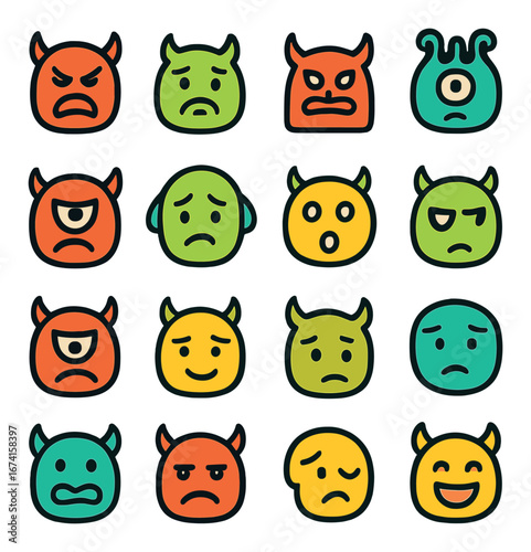 Flat monster icon set featuring angry, sad, surprised, smiling, and winking faces