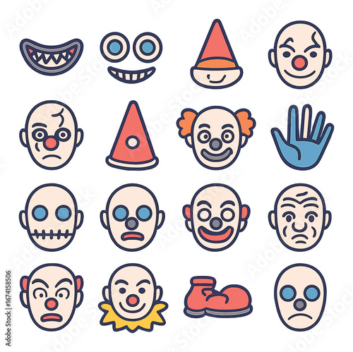 Linear clown icon set featuring happy, sad, scary, hat, funny, hand, and shoe symbols