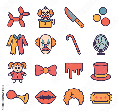 Linear circus icon set featuring clown, knife, hat, costume, cane, and balloon animal symbols