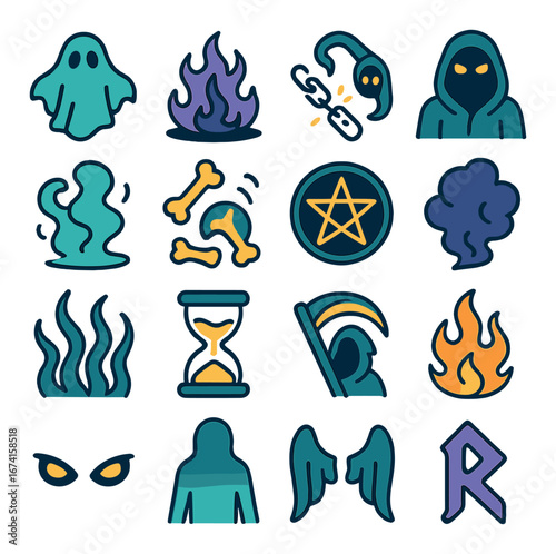 Linear halloween icon set featuring ghost, flames, chains, hooded figure, bones, pentagram, and hourglass
