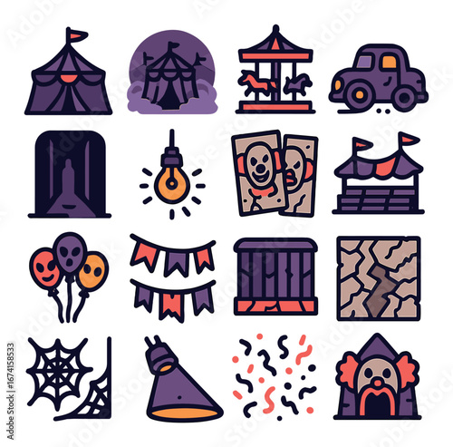 Flat circus icon set featuring tent, carousel, clown, tickets, balloons, and spotlight symbols
