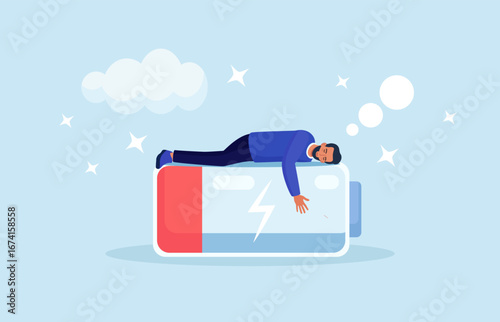 Businessman with low energy asleep on drained battery. Tired overworked person need for rest and recharge for wellness and sleep health content. Work efficiency and professional burnout