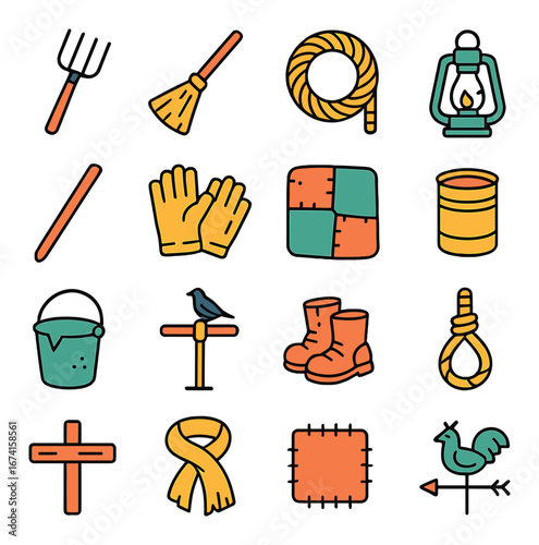Flat farming icon set featuring rake, broom, rope, lamp, gloves, patchwork, barrel, and boots symbols