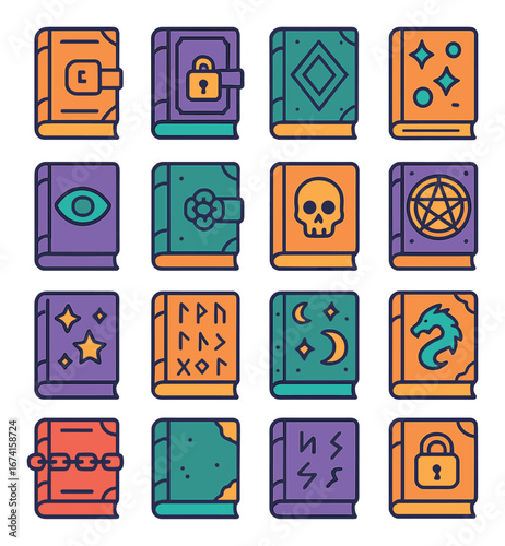 Flat mystical icon set featuring spell books, magic symbols, enchanted items, and mythical creatures