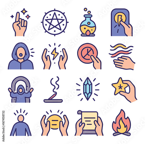 Linear mystic icon set featuring magic, potion, spellbook, crystal, and fire symbols