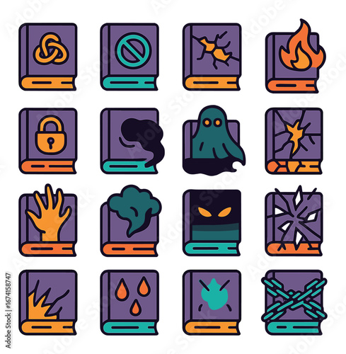 Flat magic book icon set featuring spellbook, lock, ghost, fire, and potion symbols