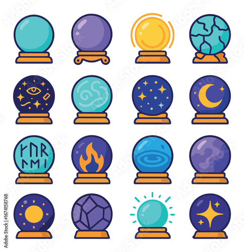 Flat magic crystal ball icons set featuring eye, moon, stars, fire, runes, and energy symbols