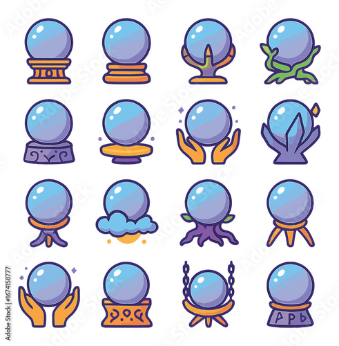 Flat crystal ball icon set featuring stands, hands, clouds, crystals, and mystical symbols