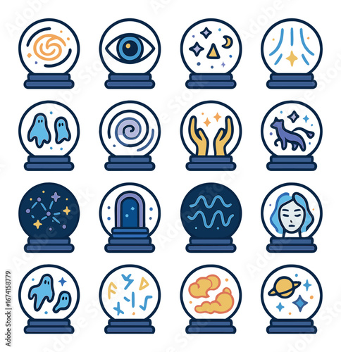 Flat mystic icon set featuring eye, stars, ghosts, spiral, hands, fox, portal, waves, moon, planet