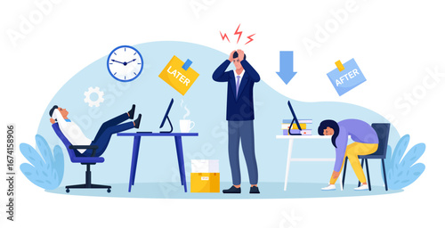 Stressed manager stands between relaxed employee and drained colleague. Procrastination, low productivity. Burnout in professional life. Bad time management and deadline pressure