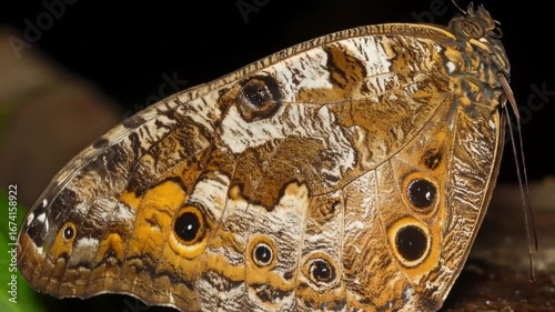 Butterfly wing closeup with brown pattern.