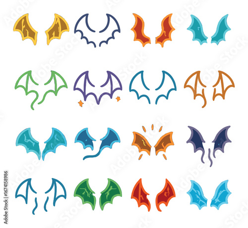 Flat halloween icons set featuring bat wings in various styles and colors