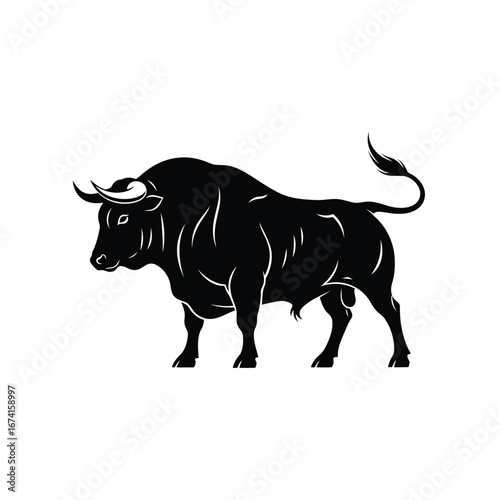 Powerful Black Bull Silhouette Represents Strength and Dominance in Business and Nature