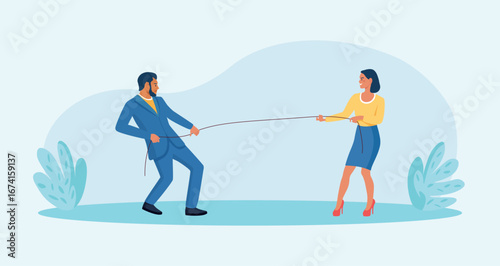 Two colleagues pull a rope from opposite sides. Competition and negotiation, power balance in business training and HR communications. Feminism, gender gap and battle for equality in office